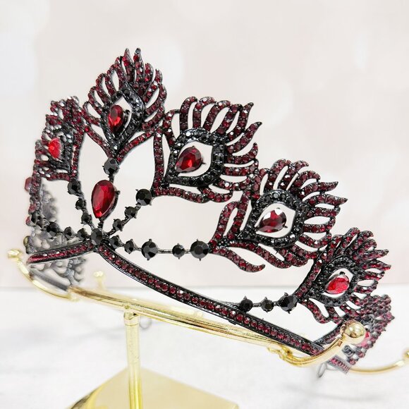 Red Crystal Crown, Peacock Crown, black crown Tiara, Homecoming Prom Headpiece main image 5
